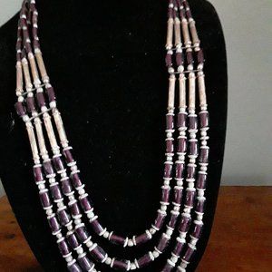 Unique Vintage Boho Four Strand Chunky Glass and Metal Necklace